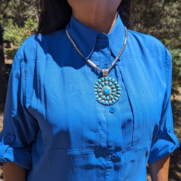 SouthwestArtisans Jewelry - Navajo Pearls & Sleeping Beauty Cluster Turquoise Necklace Medallion‎ Pendant***
